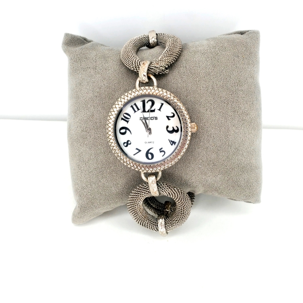 Chicos Watch Braided Mesh Loop Band‎ Silver Tone Bracelet Pearl Face 9" Women's